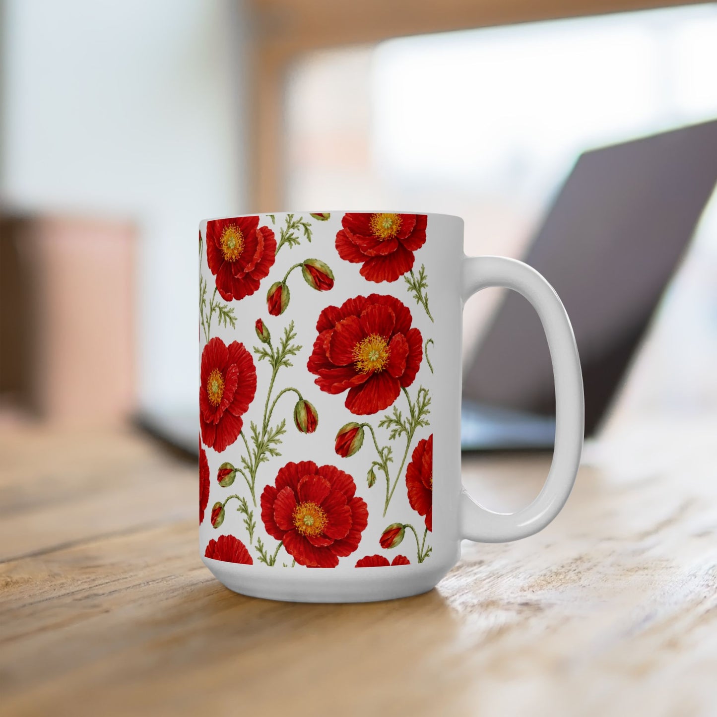 Case of 12 premium 15 oz Porcelain Poppy design mugs