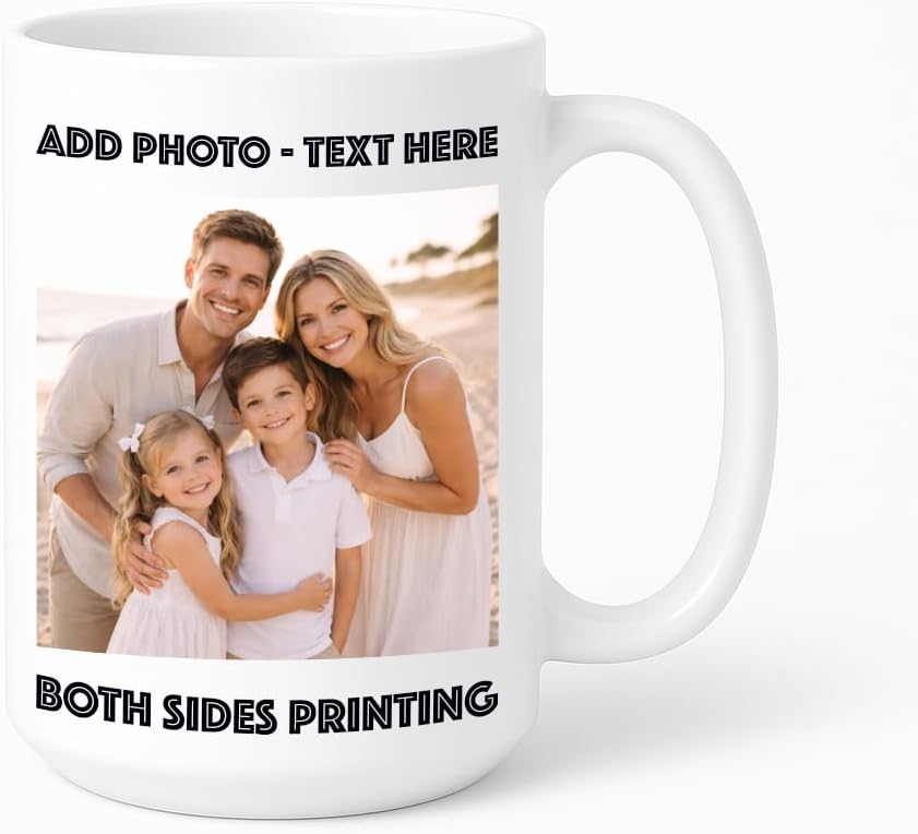 Personalized Photo Coffee Mug 15 oz Porcelian – Custom Picture Text or Logo | Double-Sided Print, Dishwasher & Microwave Safe | Gift (White)