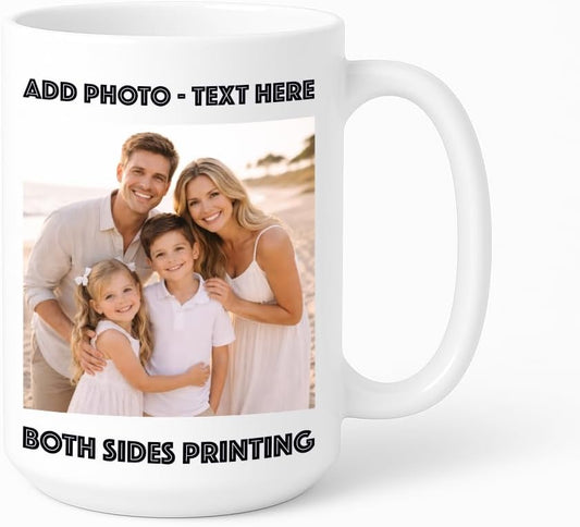 Personalized Photo Coffee Mug 15 oz Porcelian – Custom Picture Text or Logo | Double-Sided Print, Dishwasher & Microwave Safe | Gift (White)