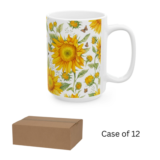 Case of 12 premium 15 oz Porcelain Sunflowers design mugs