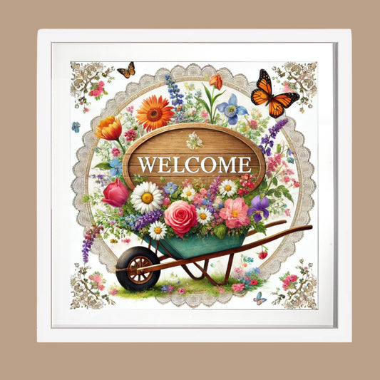 Welcome Floral Wheelbarrow Decor, Rustic Cottagecore Wall Art