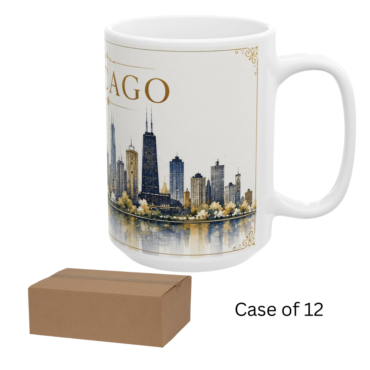Case of 12 Premium Porcelain Coffee Mugs, Wholesale Chicago Skyline Mug – 15 oz Premium Souvenir Mug