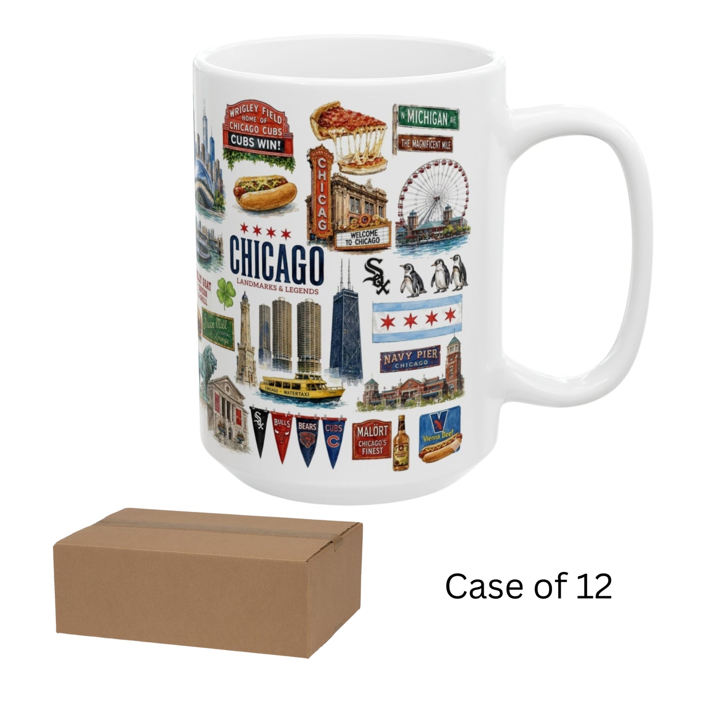 Case of 12 Premium Porcelain Coffee Mugs, Wholesale Chicago Mugs – 15 oz