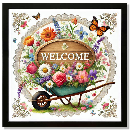 Welcome Floral Wheelbarrow Decor, Rustic Cottagecore Wall Art