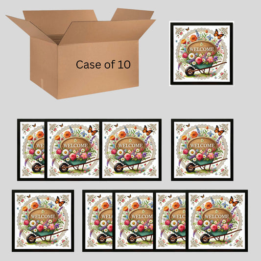 Case of 10 Welcome Floral Wheelbarrow Wall Art Prints, Black Framed Museum-Quality Giclée Prints, Rustic Cottagecore Home Déco