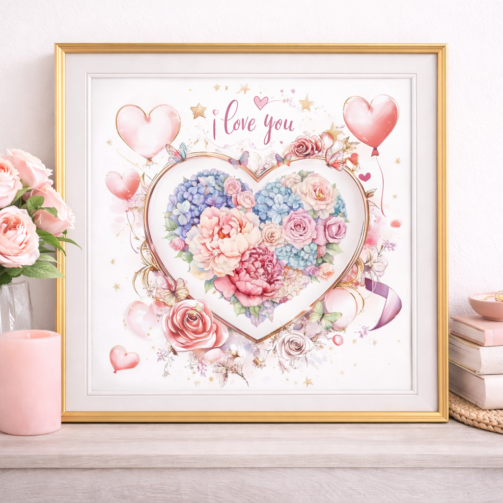Floral Heart Art Print, Romantic Watercolor Flowers