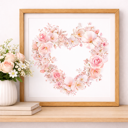 Pink Floral Heart Wall Art, Romantic Flower Wreath Print, Minimal Love Decor, Valentine Gift