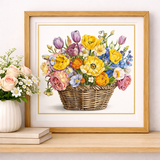 Colorful Flower Basket Wall Art, Spring Floral Print, Cottagecore Home Decor, Garden Flowers Artwork