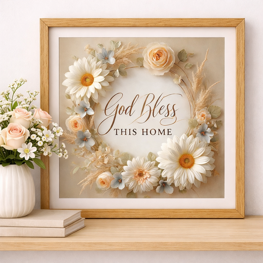 God Bless This Home Wall Art, Christian Quote Print, Floral Wreath Decor, Housewarming Gift