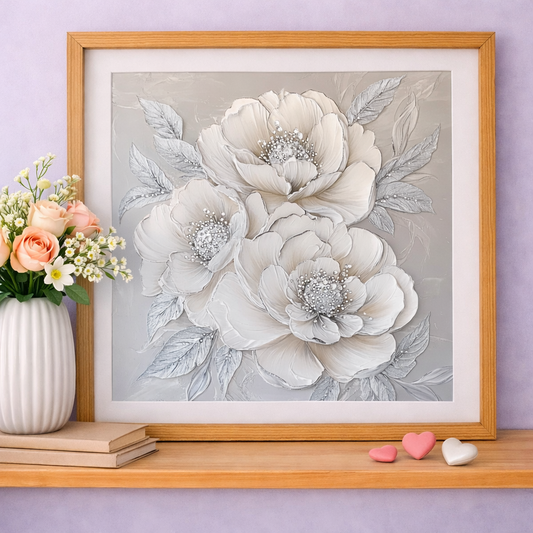 3D White Floral Wall Art, Textured Flower Print, Elegant Home Decor