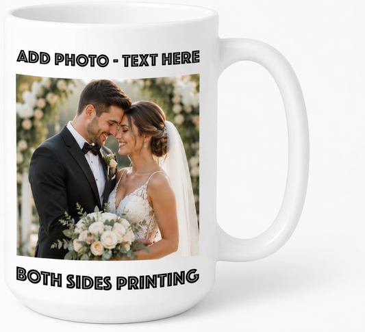 Personalized Photo Coffee Mug 15 oz Porcelian – Custom Picture Text or Logo | Double-Sided Print, Dishwasher & Microwave Safe | Gift (White)