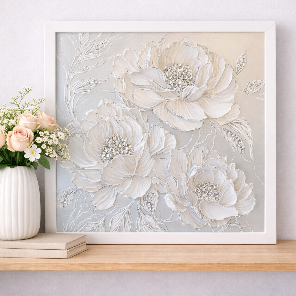 3D White Floral Wall Art, Textured Flower Print, Elegant Home Decor