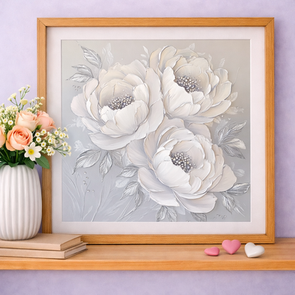 3D White Floral Wall Art, Textured Flower Print, Elegant Home Decor