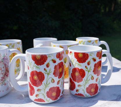 Case of 12 premium 15 oz Porcelain Poppy design mugs