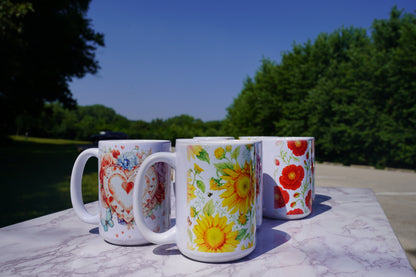 Case of 12 premium 15 oz Porcelain Sunflowers design mugs