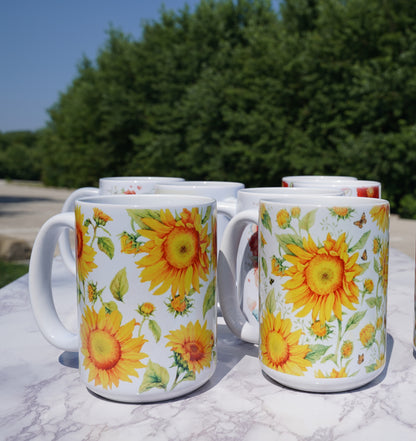 Case of 12 premium 15 oz Porcelain Sunflowers design mugs