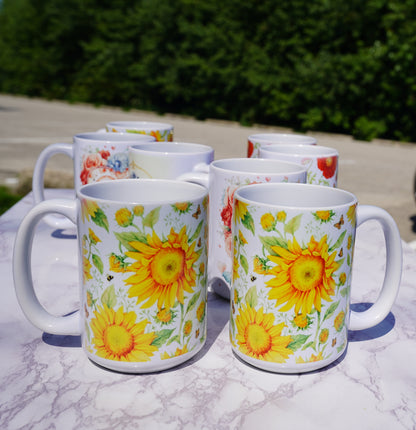 Case of 12 premium 15 oz Porcelain Sunflowers design mugs