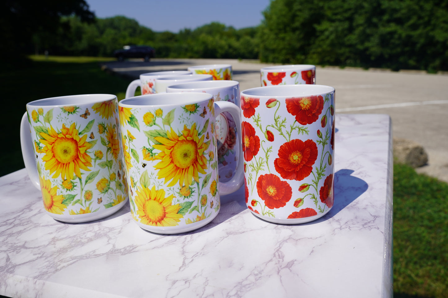 Case of 12 premium 15 oz Porcelain Sunflowers design mugs