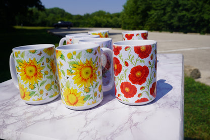 Case of 12 premium 15 oz Porcelain Sunflowers design mugs