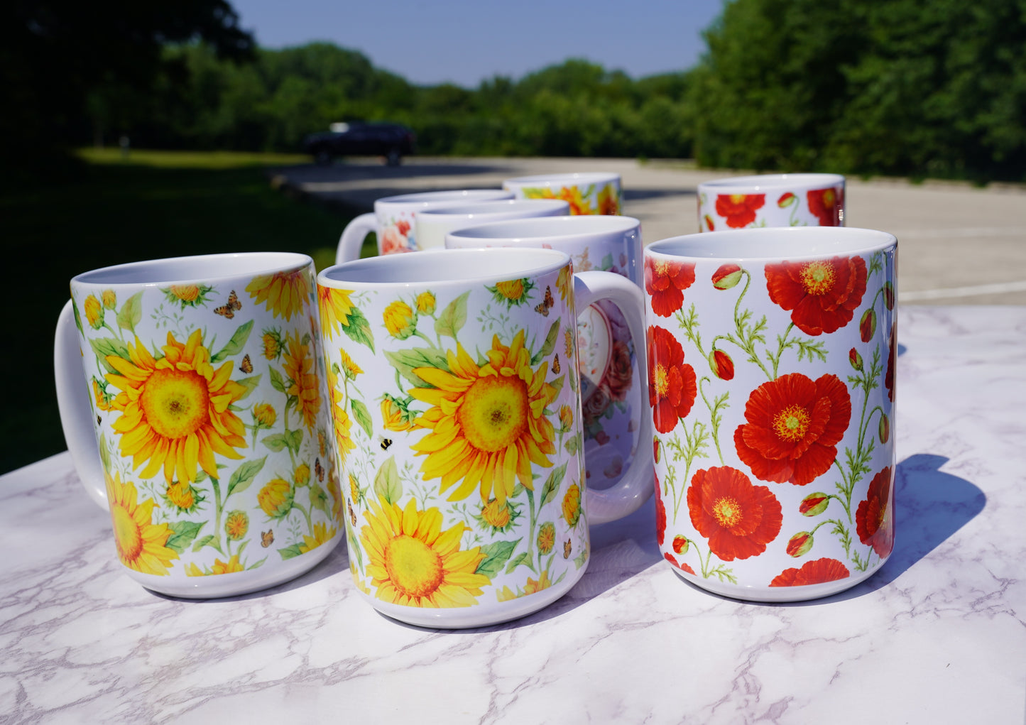 Case of 12 premium 15 oz Porcelain Sunflowers design mugs