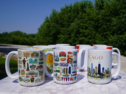 Case of 12 Premium Porcelain Coffee Mugs, Wholesale Chicago Mugs – 15 oz