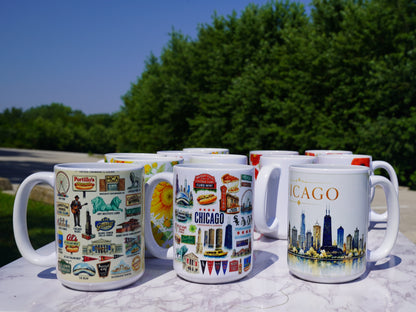 Case of 12 Premium Porcelain Coffee Mugs, Wholesale Chicago Mugs – 15 oz