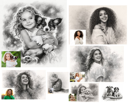 Custom Pencil Sketch Portrait from Photo, Family, Pet, People