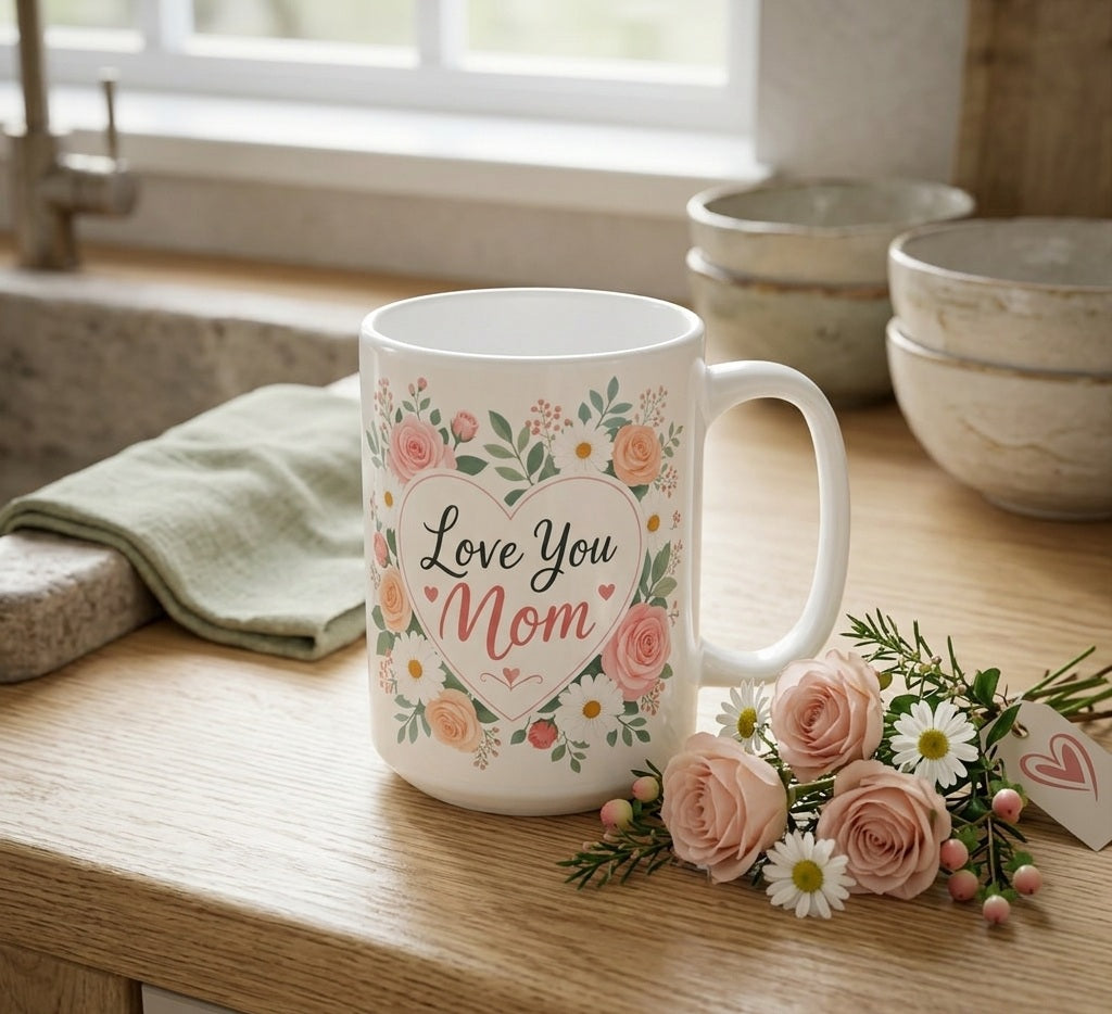 Wholesale Case of 12 – Love You Mom Floral Heart Coffee Mug (15 oz)