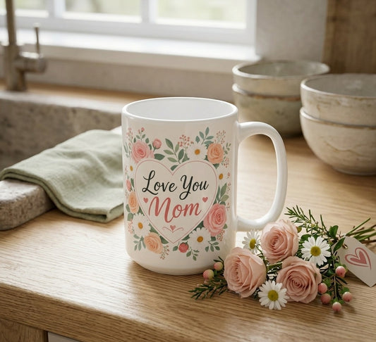 Wholesale Case of 12 – Love You Mom Floral Heart Coffee Mug (15 oz)